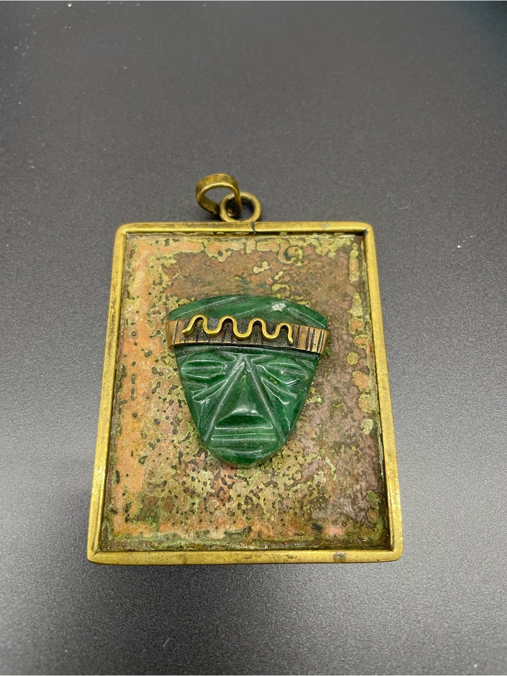 Green Stone Mask Pendant with Brass Frame